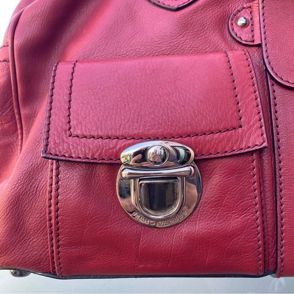 MARC JACOBS Handbag Deep Red Double Pockets Leather Silver Hardware Satchel - Picture 2 of 16
